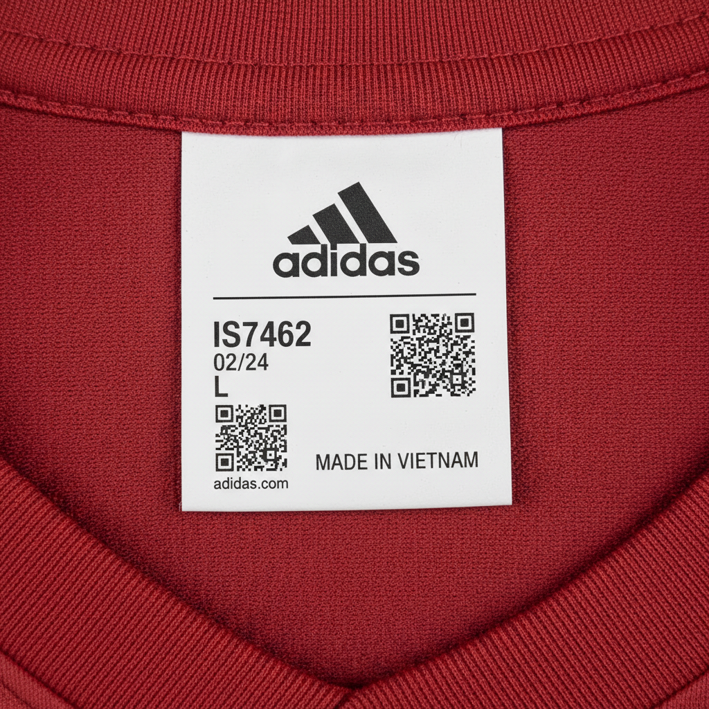 Location of Adidas product code label inside the shirt, typically in the neck area