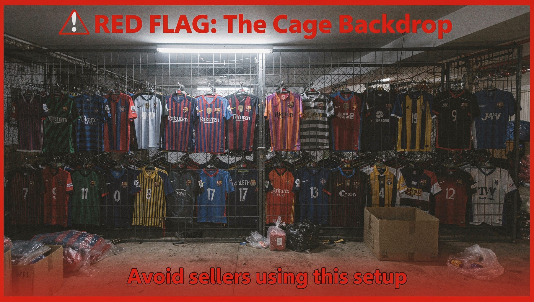 Example of 'The Cage' - metal grid backdrop commonly used by fake kit sellers