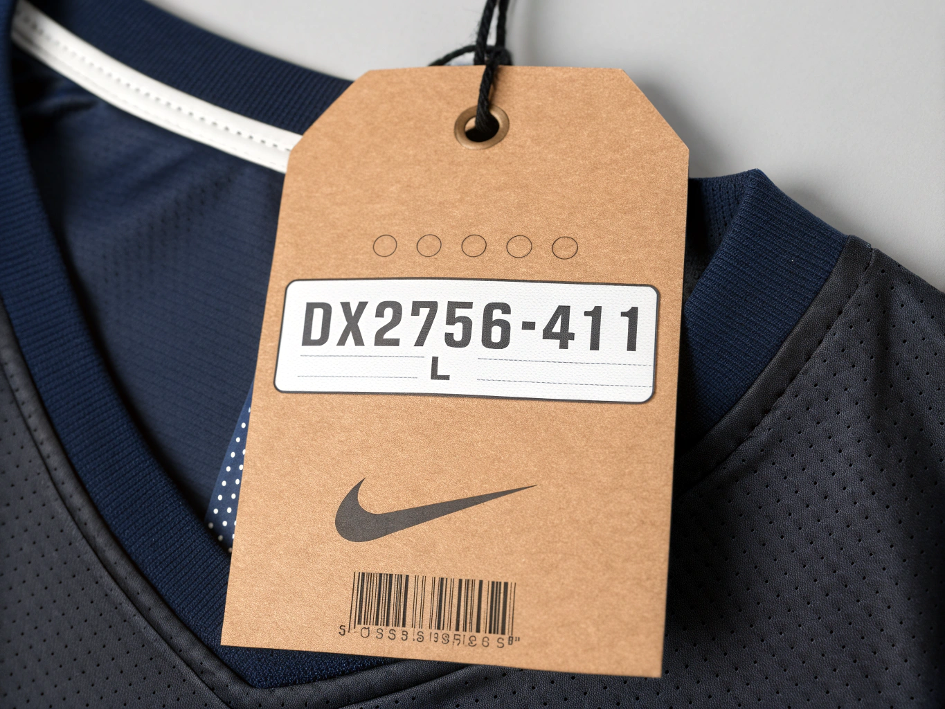 Front of authentic Nike football shirt swing tag showing product information