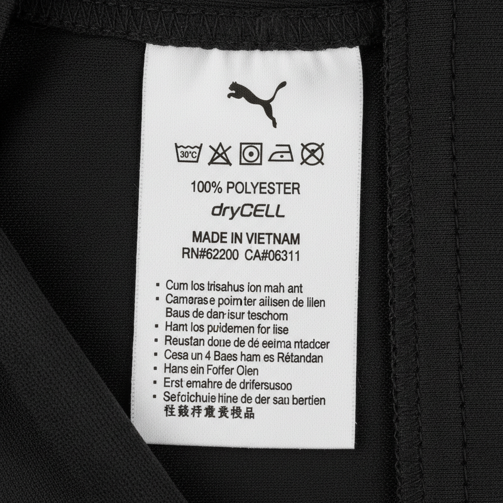 Puma care label with washing instructions