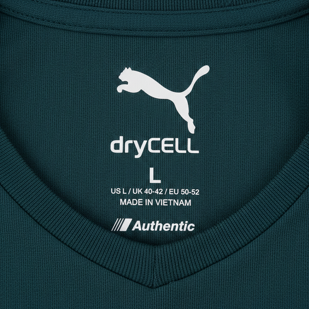 Puma neck label with size and dryCELL branding