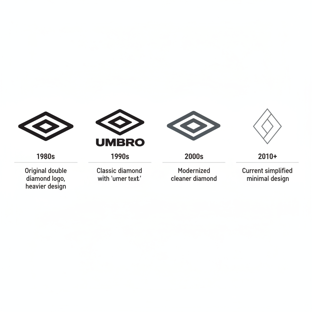 Timeline showing Umbro diamond logo changes from 1970s to present